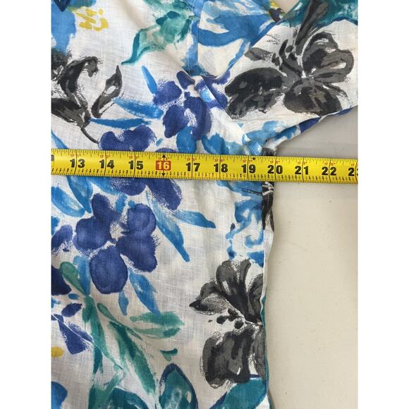 Linen Button Up Floral Blouse M Boho Coastal Resort Maximalist Preppy Office Art - Picture 10 of 12